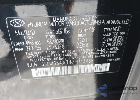 2021 Hyundai Santa Fe Sel from USA, damaged, VIN 5NMS64AJ1MH343458